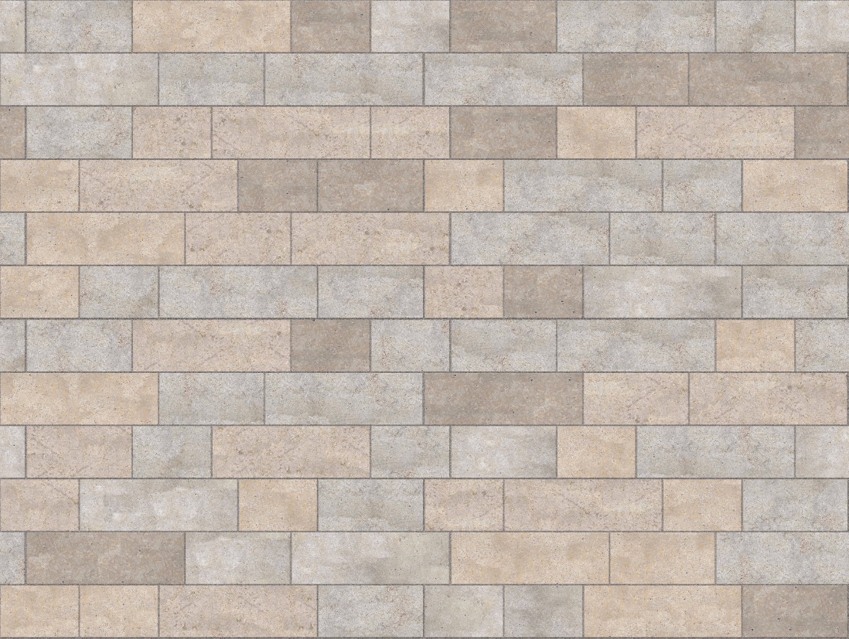 A seamless stone texture with m1214 sdm381 golden buff limestone - flamed blocks arranged in a Paving - Running Bond  - Sawn Edge - Dimensional 22 Pieces 3 Sizes - DP087 pattern