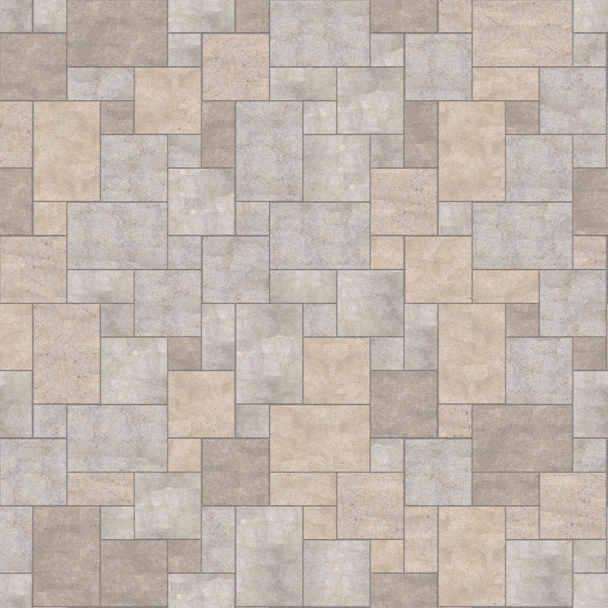 A seamless stone texture with m1214 sdm381 golden buff limestone - flamed blocks arranged in a Paving - Universal - Sawn Edge - Dimensional 12 Pieces 4 Sizes - DP086 pattern