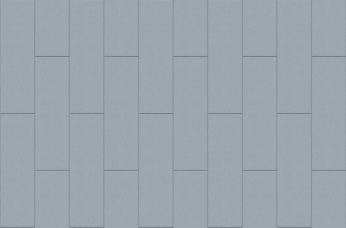 A seamless metal texture with prepatina blue grey sheets arranged in a Stretcher pattern
