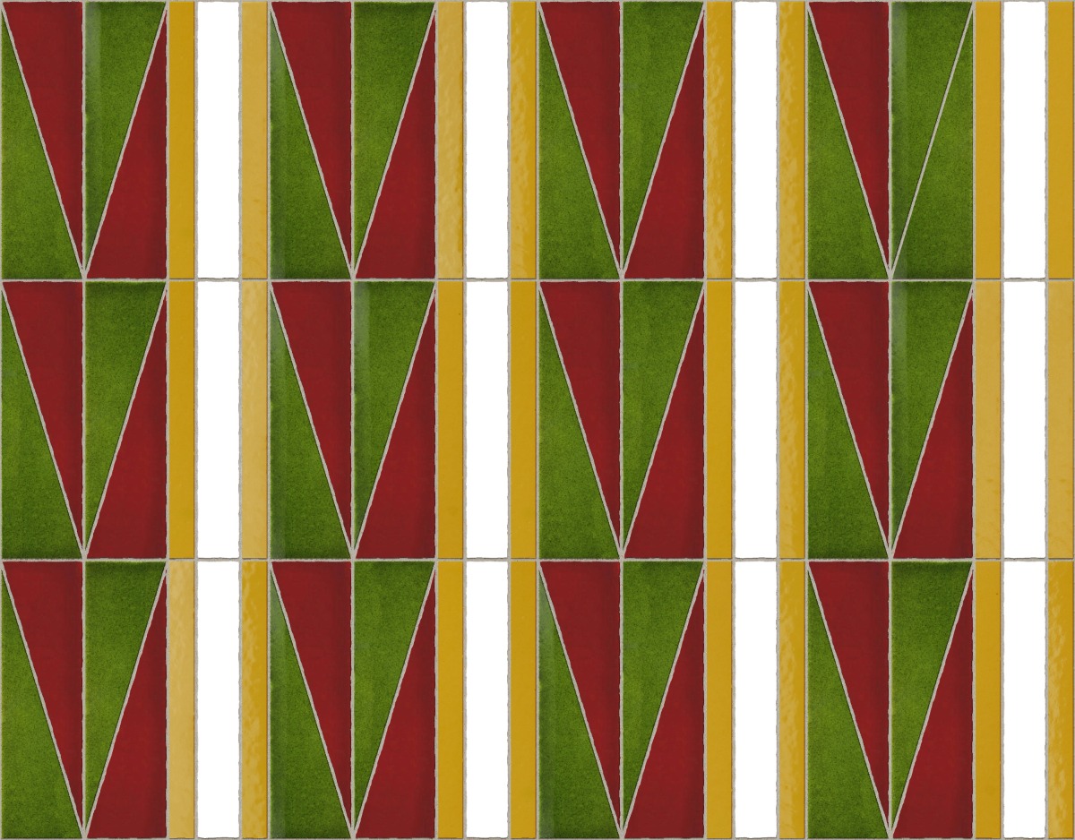 A seamless tile texture with red tenement tile tiles arranged in a Art Deco tile pattern 2 pattern