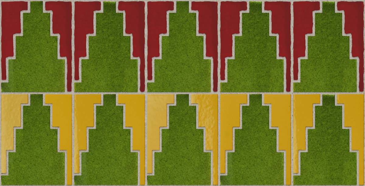 A seamless tile texture with red tenement tile tiles arranged in a Geometric tile pattern pattern