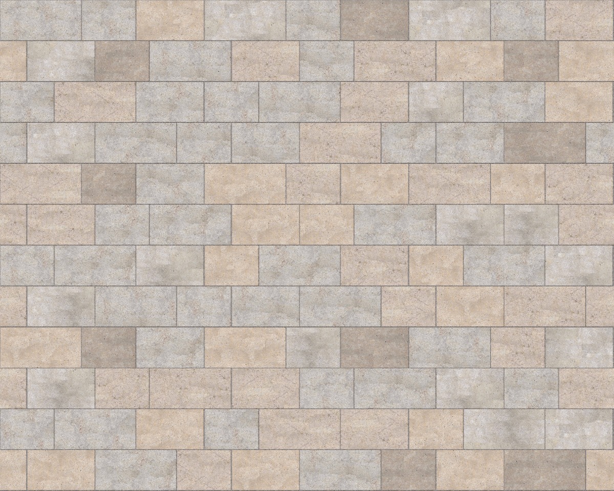 A seamless stone texture with m1214 sdm381 golden buff limestone - flamed blocks arranged in a Paving - Running Bond  - Sawn Edge - Dimensional 12 Pieces 3 Sizes - DP089 pattern