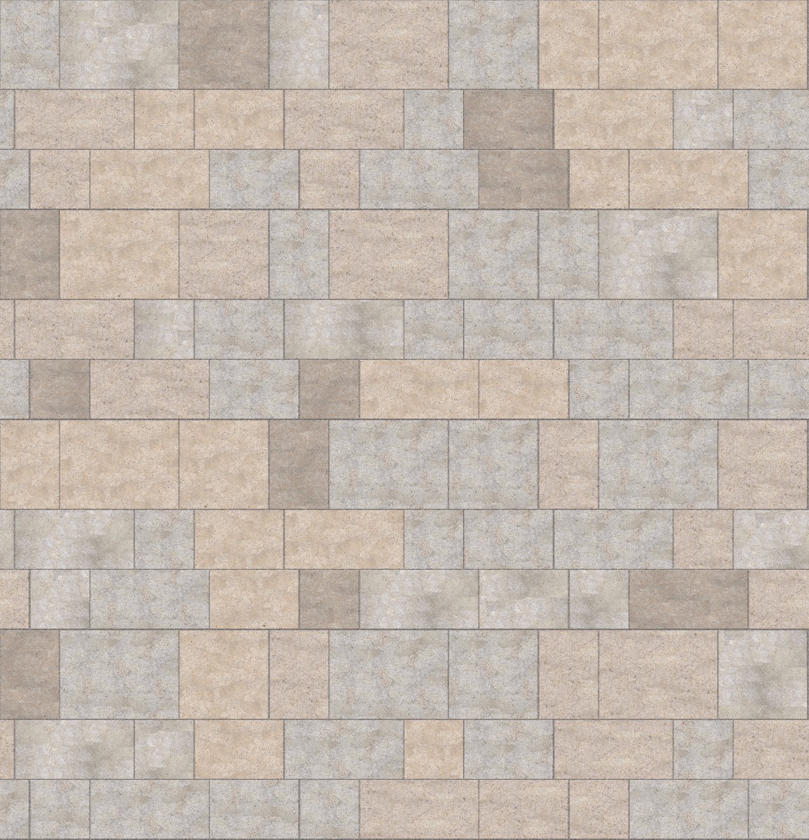 A seamless stone texture with m1214 sdm381 golden buff limestone - flamed blocks arranged in a Paving - Running Bond  - Sawn Edge - Dimensional 9 Pieces 5 Sizes - DP074 pattern