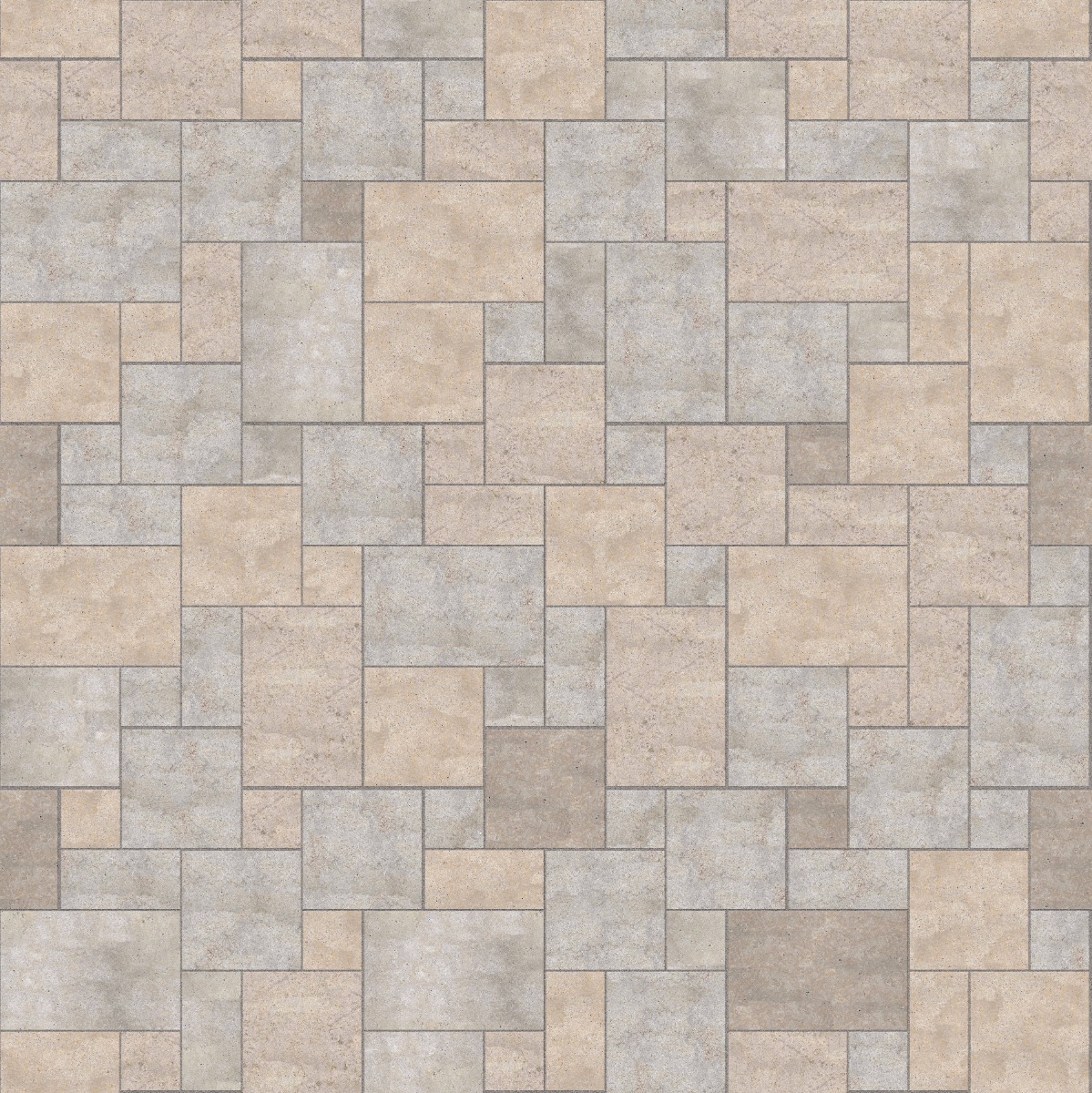 A seamless stone texture with m1214 sdm381 golden buff limestone - flamed blocks arranged in a Paving - Universal  - Sawn Edge - Dimensional 12 Pieces 4 Sizes - DP092 pattern