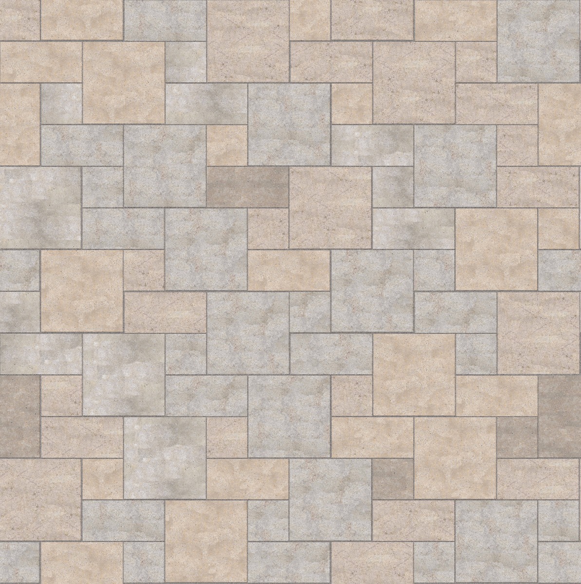 A seamless stone texture with m1214 sdm381 golden buff limestone - flamed blocks arranged in a Paving - Universal  - Sawn Edge - Dimensional 3 Pieces 3 Sizes - DP088 pattern
