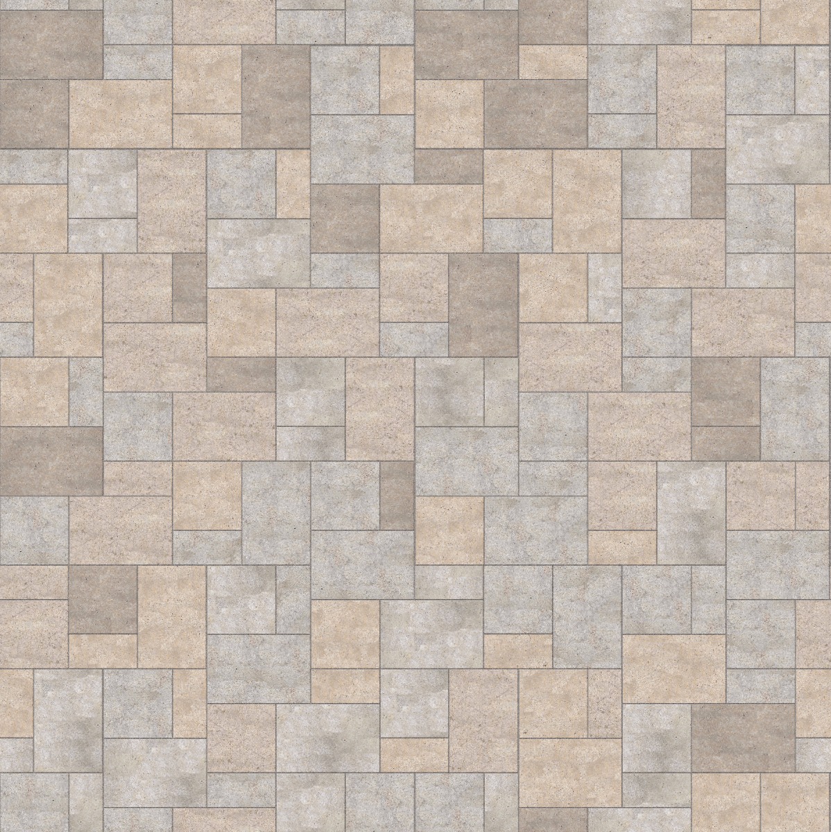 A seamless stone texture with m1214 sdm381 golden buff limestone - flamed blocks arranged in a Paving - Universal  - Sawn Edge - Dimensional 9 Pieces 3 Sizes - DP091 pattern