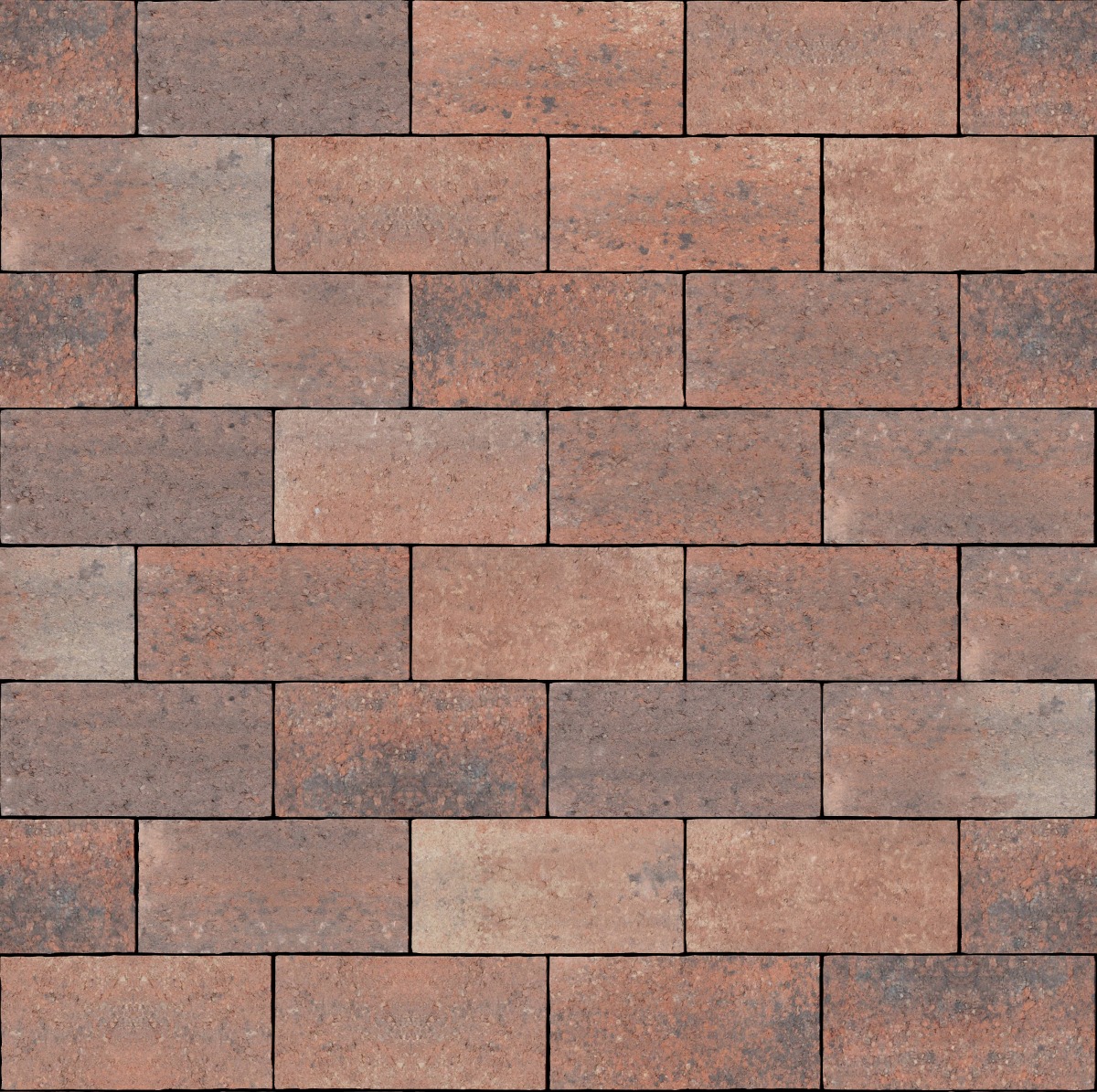 A seamless stone texture with pavestone classic autumn blend blocks arranged in a Stretcher pattern