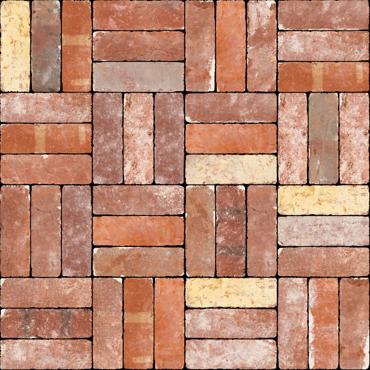 A seamless brick texture with recycled brick units arranged in a Basketweave pattern
