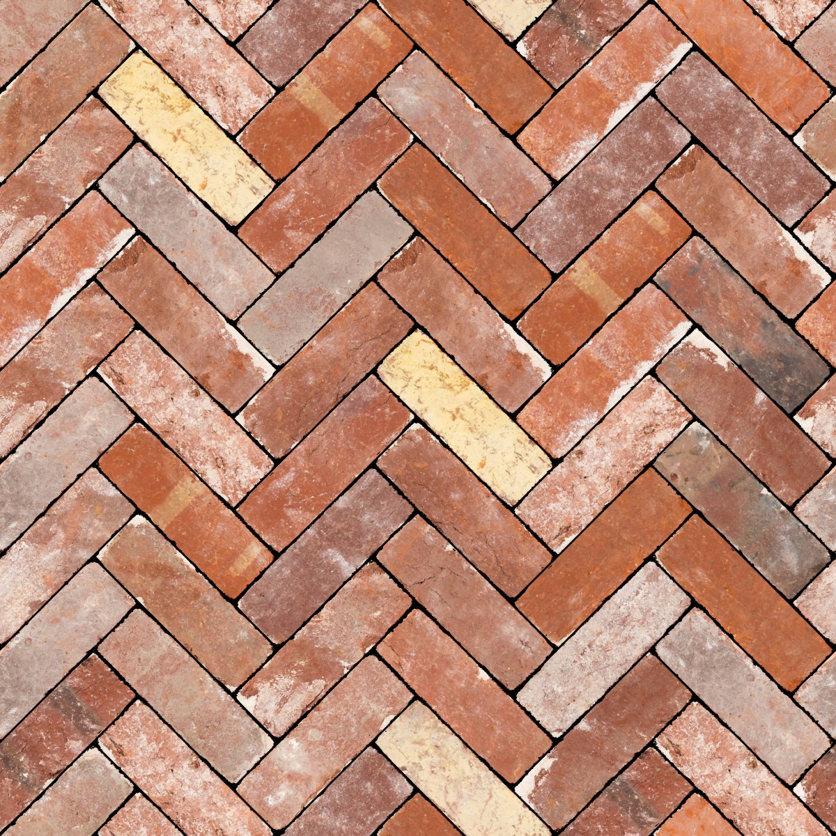 A seamless brick texture with recycled brick units arranged in a Herringbone pattern