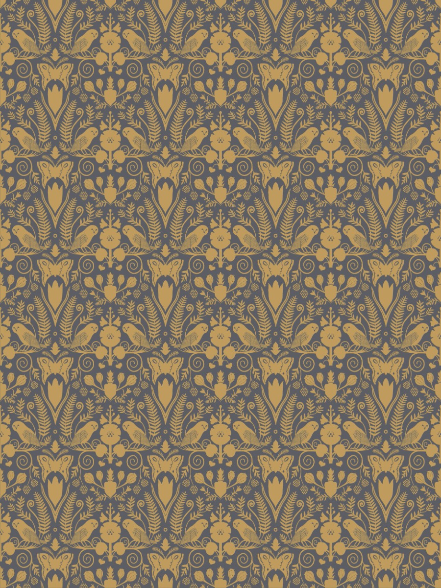 A seamless wallpaper texture with barn owls and hollyhocks - gold on charcoal units arranged in a None pattern