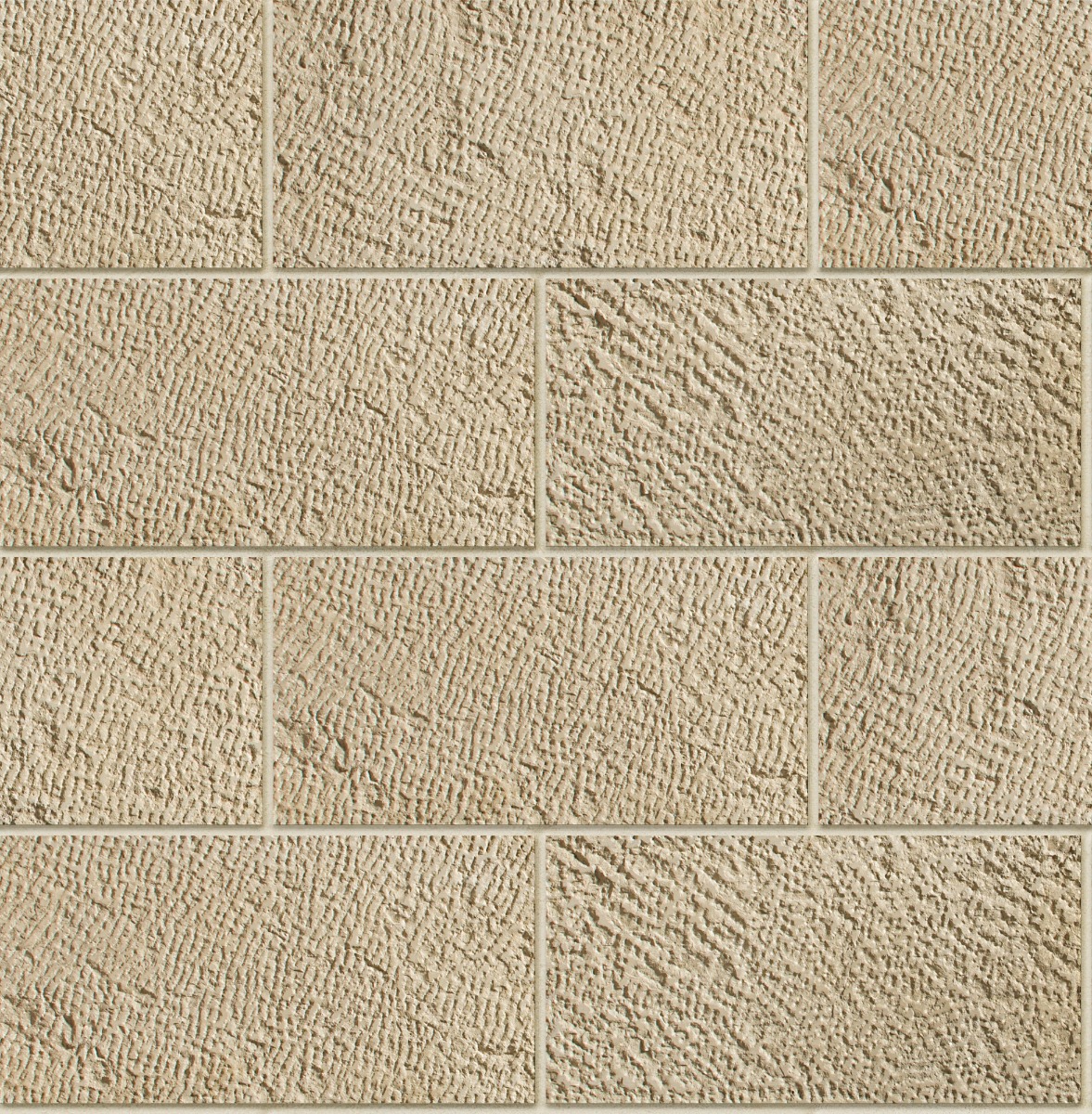 A seamless concrete texture with biscuit craft® chiseled rectangle blocks arranged in a Stretcher pattern
