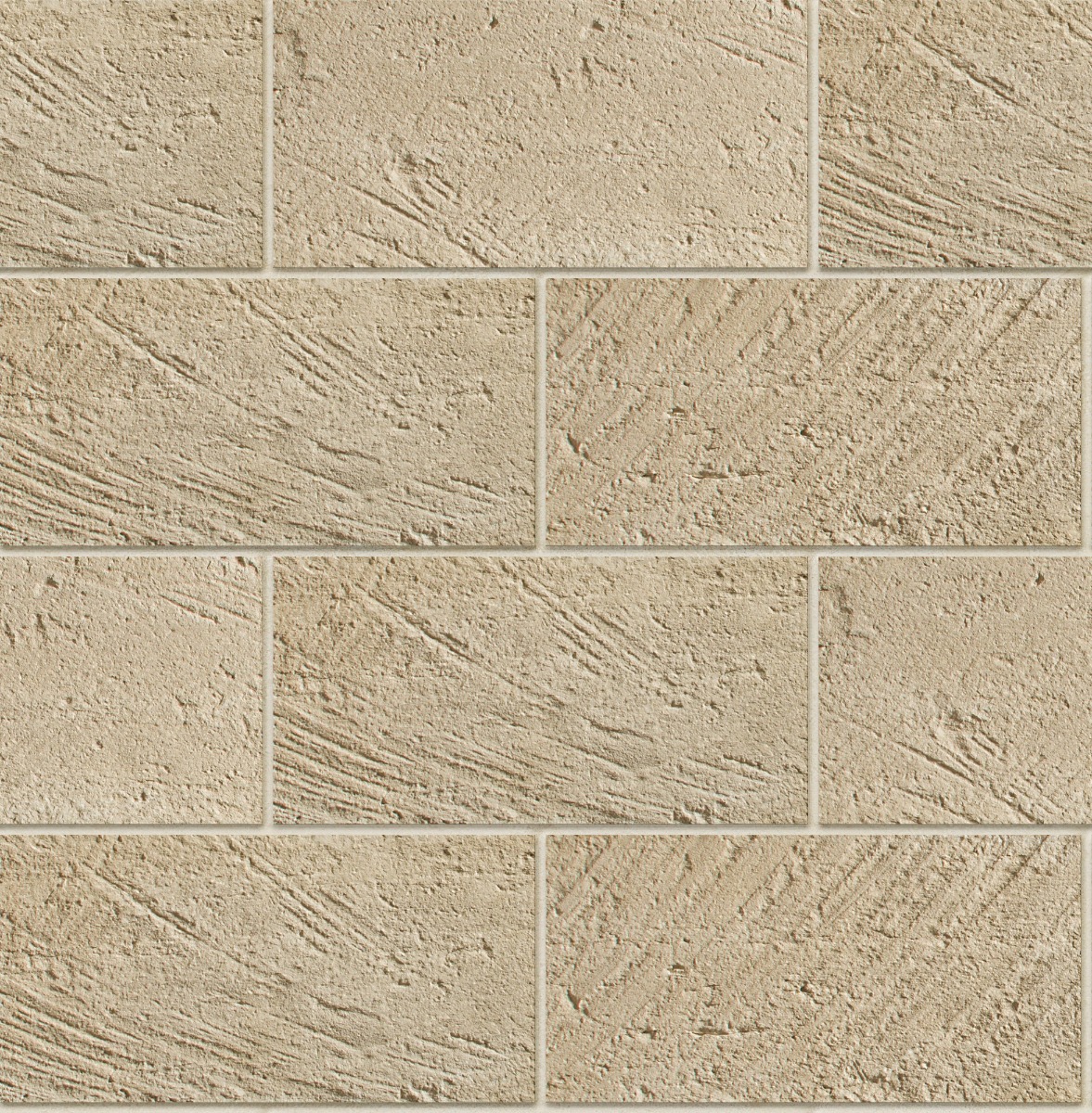 A seamless concrete texture with biscuit craft® carved rectangle blocks arranged in a Stretcher pattern
