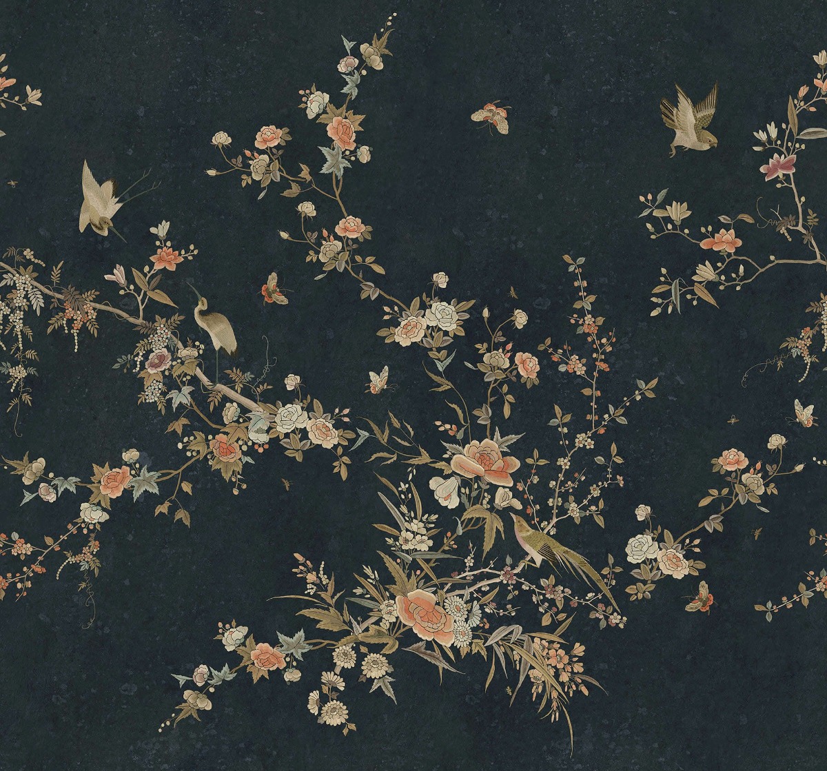 A seamless wallpaper texture with bloom, midnight blue units arranged in a None pattern