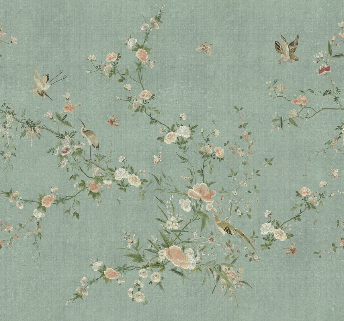 A seamless wallpaper texture with bloom, teal units arranged in a None pattern