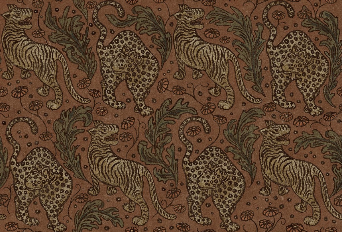 A seamless wallpaper texture with bold tigers, velvet units arranged in a None pattern