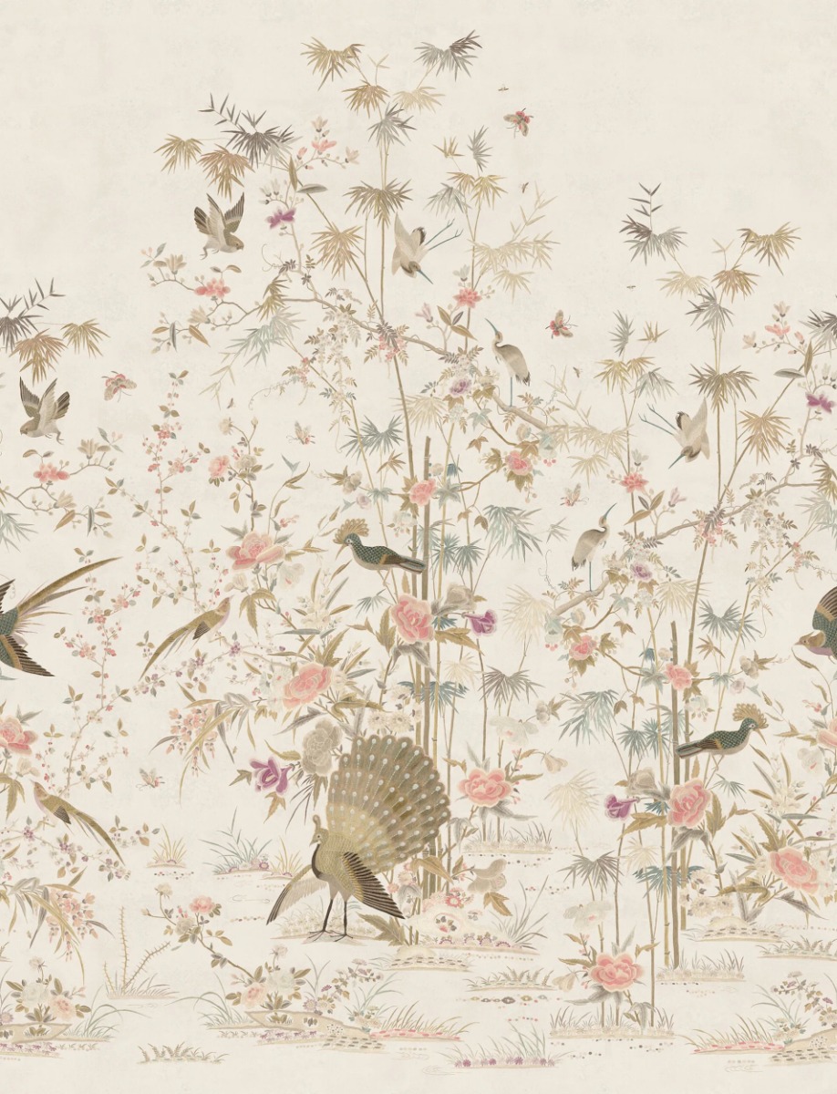 A seamless wallpaper texture with chinoiserie garden, eggshell units arranged in a None pattern