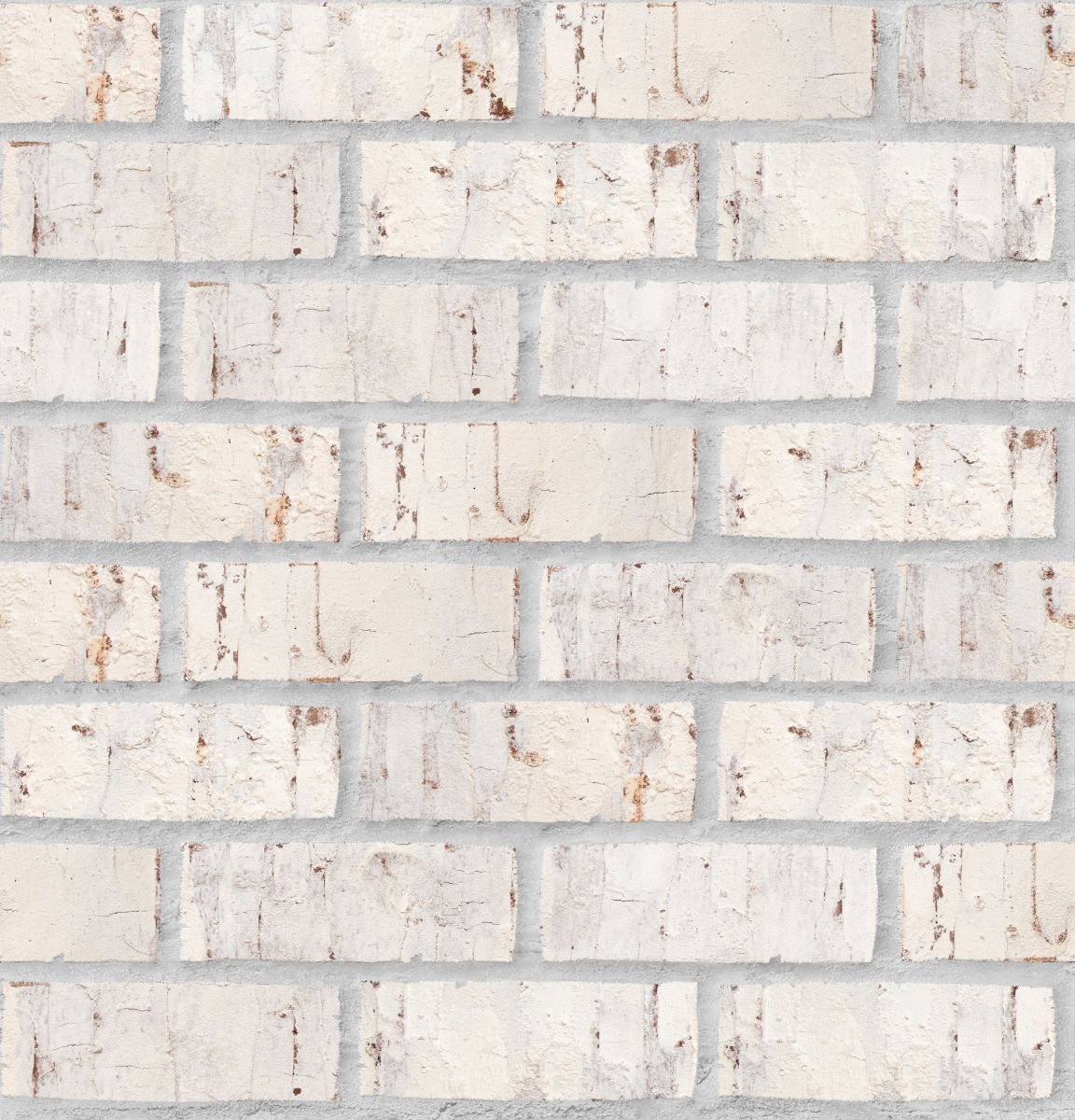 A seamless brick texture with weathered white units arranged in a Stretcher pattern