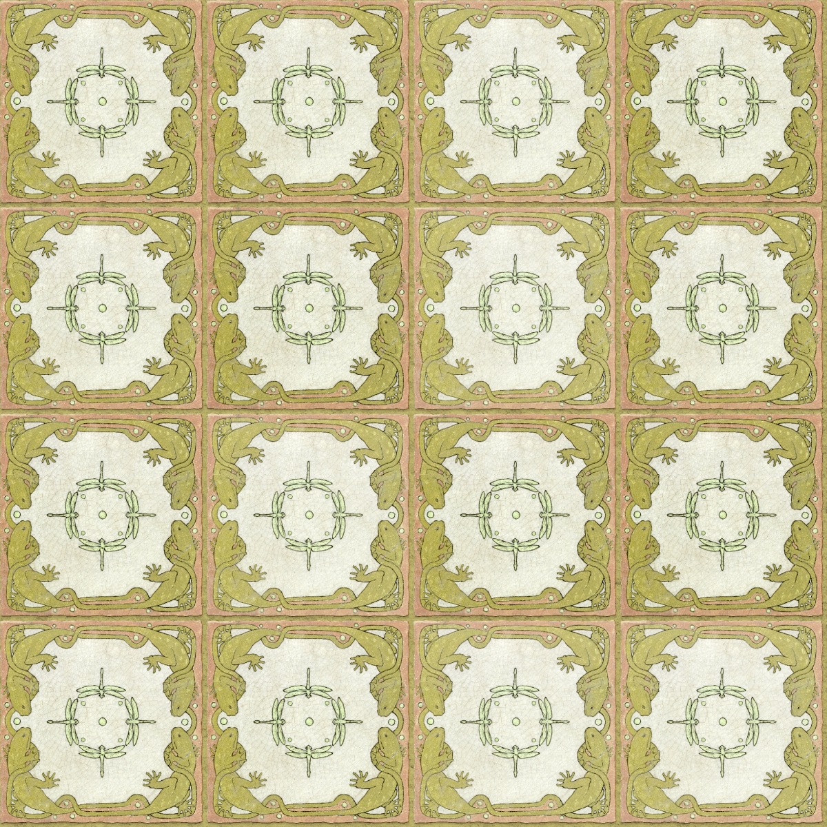 A seamless tile texture with lizard and dragonfly tile tiles arranged in a Stack pattern