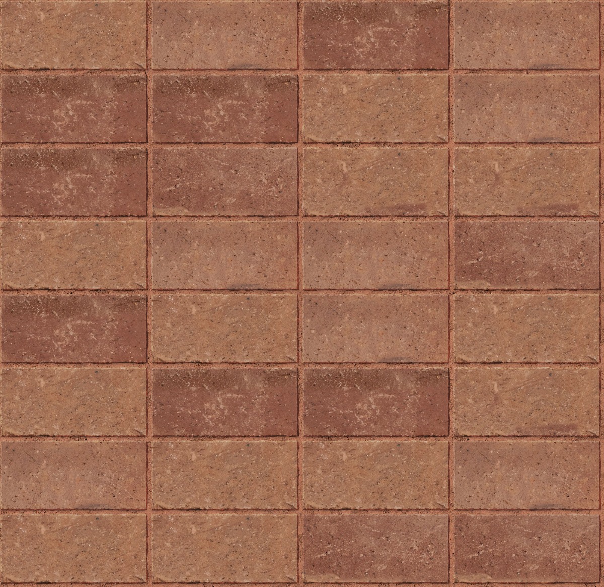 A seamless brick texture with worn clay paver in lava units arranged in a Stack pattern