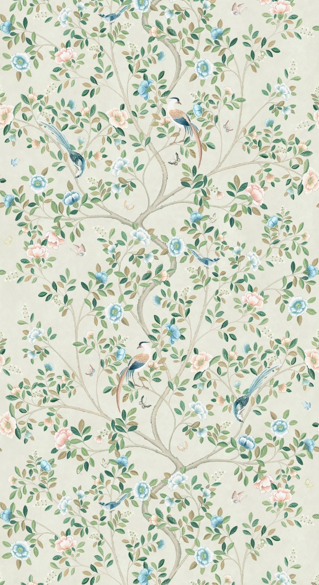 A seamless wallpaper texture with camellia tree mural units arranged in a None pattern