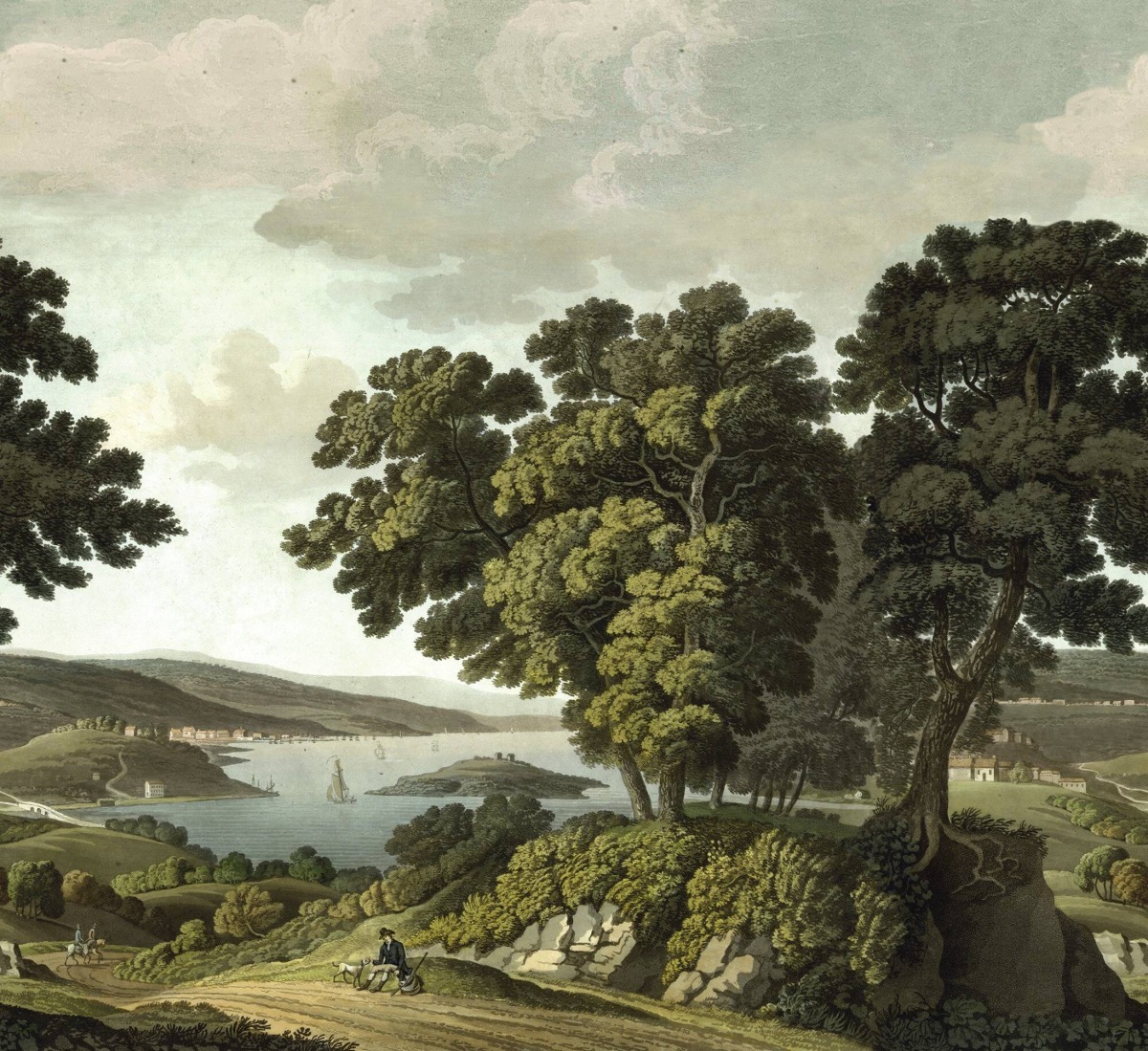 A seamless wallpaper texture with english landscape mural units arranged in a None pattern