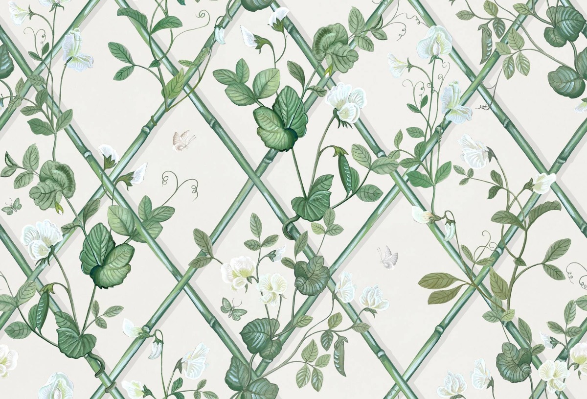 A seamless wallpaper texture with grande climbing sweet pea wallpaper units arranged in a None pattern