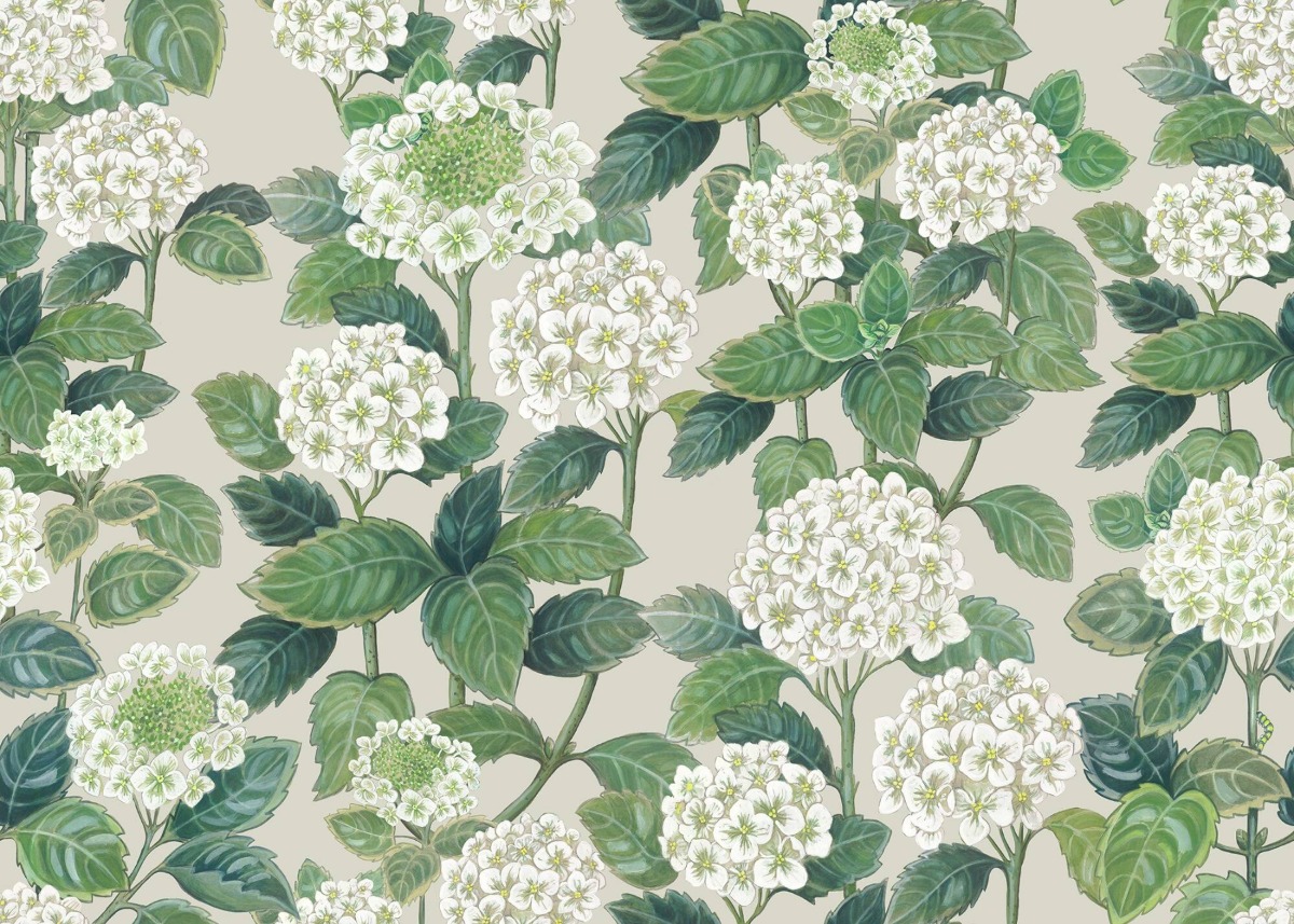 A seamless wallpaper texture with hydrangea garden wallpaper units arranged in a None pattern