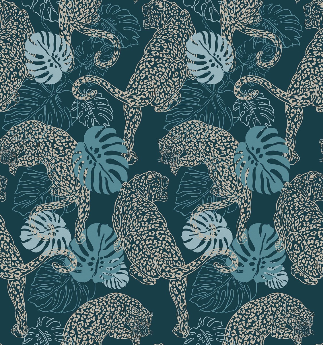 A seamless wallpaper texture with leopard wallpaper units arranged in a None pattern