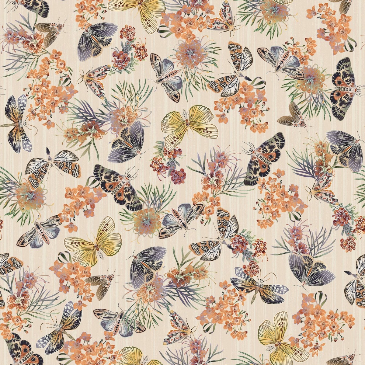 A seamless wallpaper texture with moth wallpaper units arranged in a None pattern