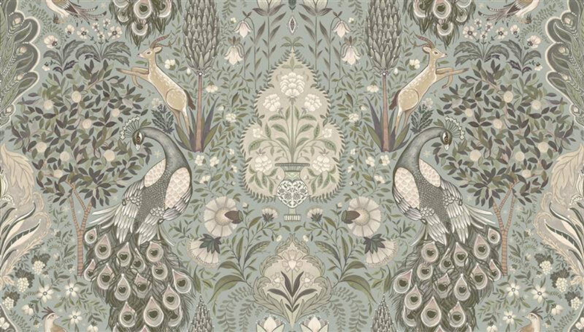 A seamless wallpaper texture with peacock garden wallpaper units arranged in a None pattern