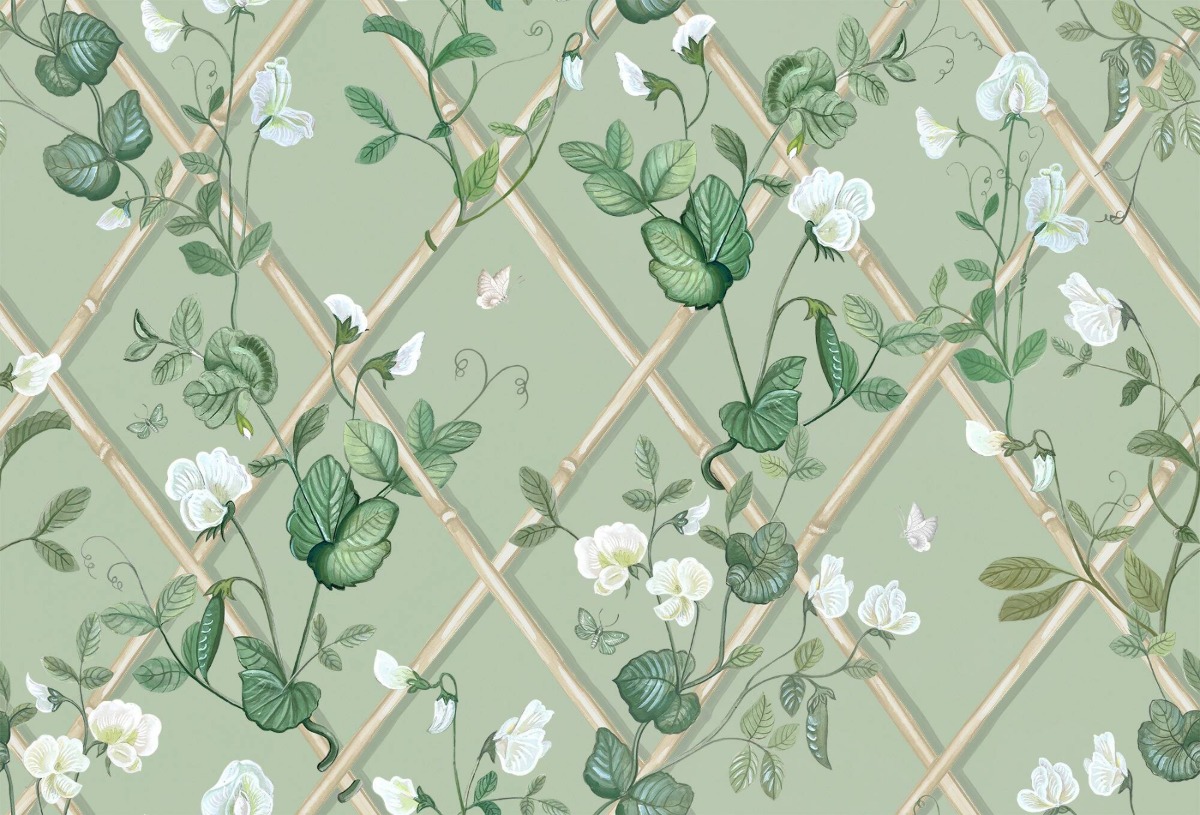 A seamless wallpaper texture with petite climbing sweet pea wallpaper units arranged in a None pattern