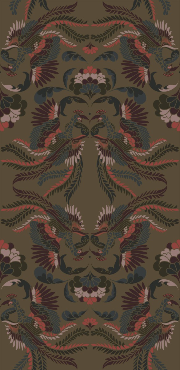 A seamless wallpaper texture with prancing peacocks wallpaper units arranged in a None pattern