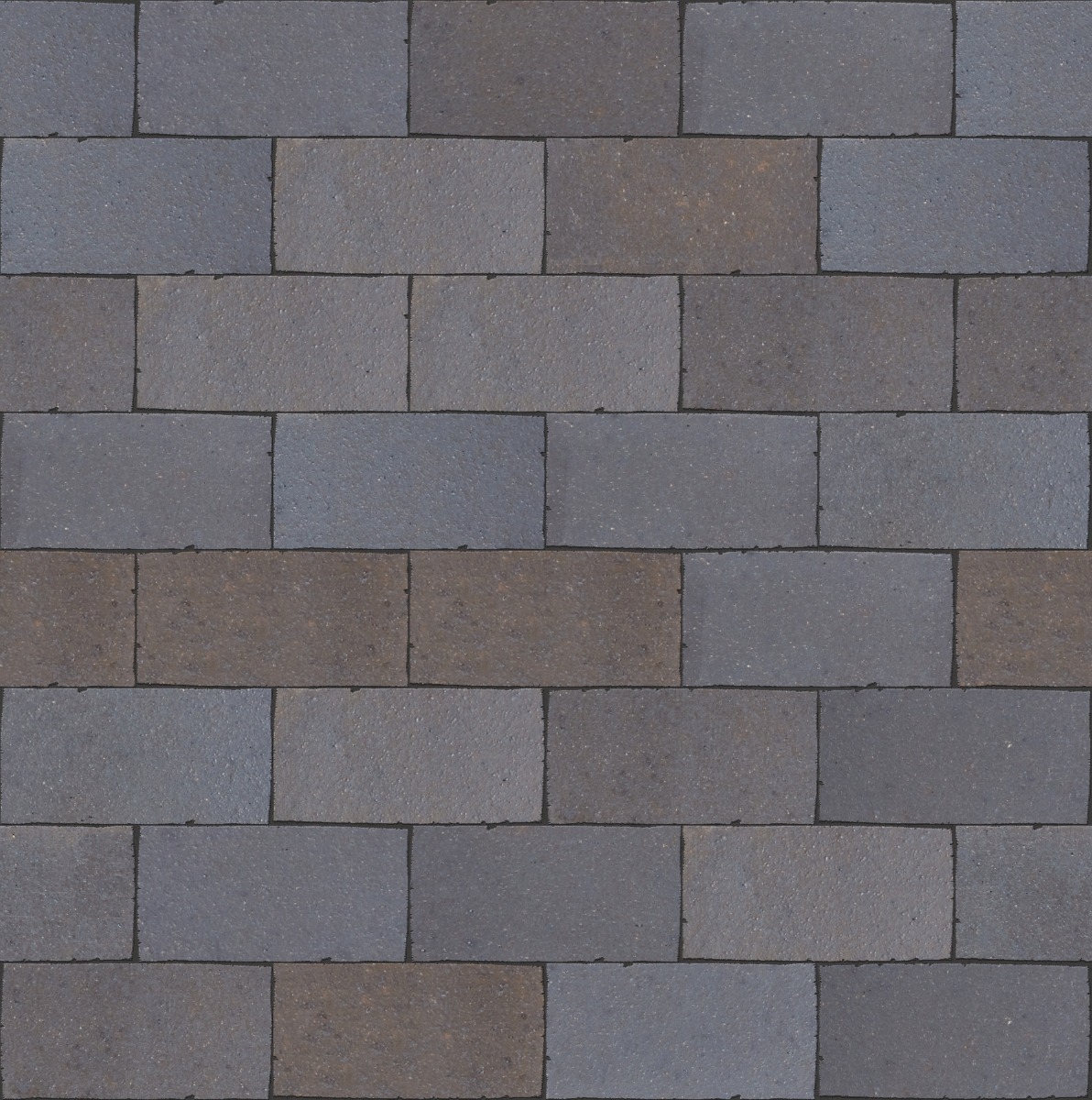 A seamless landscaping texture with ebony black smooth pavers units arranged in a Stretcher pattern