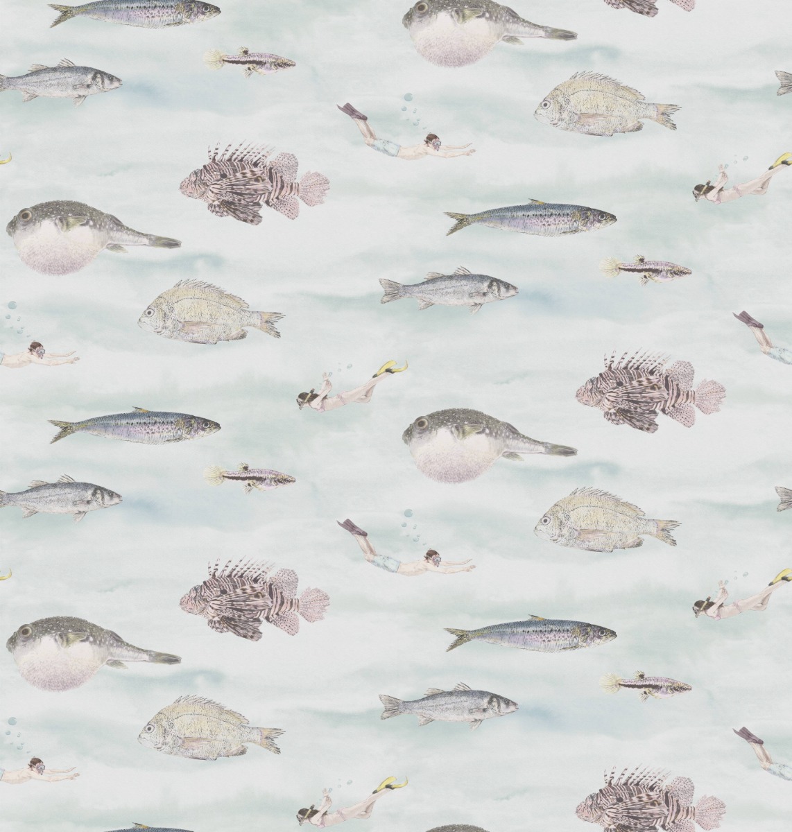 A seamless wallpaper texture with fish wallpaper blue green units arranged in a None pattern