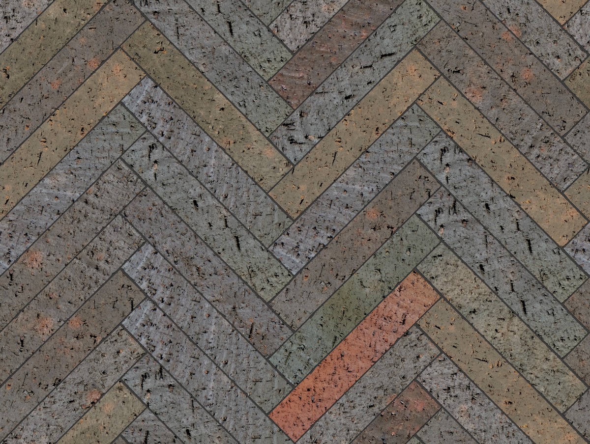 A seamless landscaping texture with pawnee plank pavers units arranged in a Herringbone pattern
