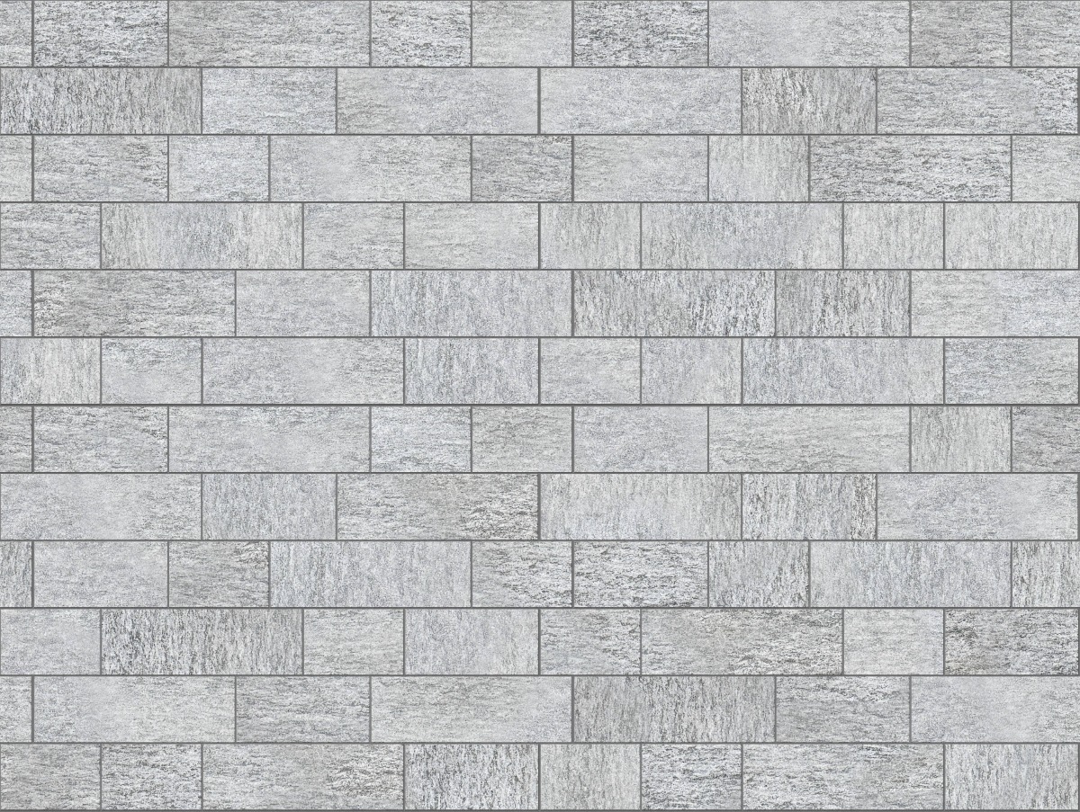 A seamless stone texture with m1023 sdm395 pietra italia gray gneiss - sand blasted blocks arranged in a Paving - Running Bond  - Sawn Edge - Dimensional 22 Pieces 3 Sizes - DP087 pattern