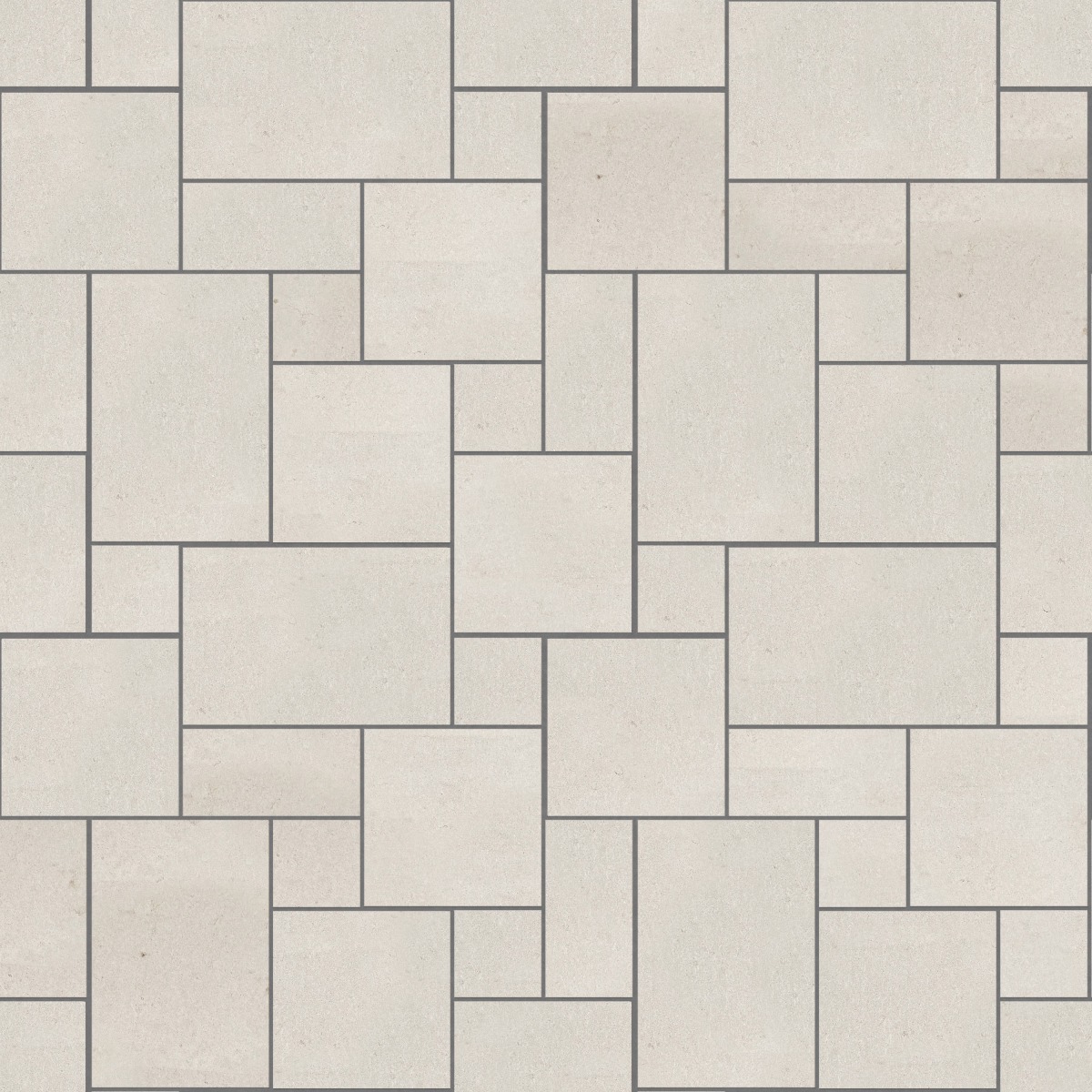 A seamless stone texture with m733 sdm386 bavarian beige limestone - sandblasted & tumbled blocks arranged in a Paving - Universal - Sawn Edge - Dimensional 12 Pieces 4 Sizes - DP086 pattern
