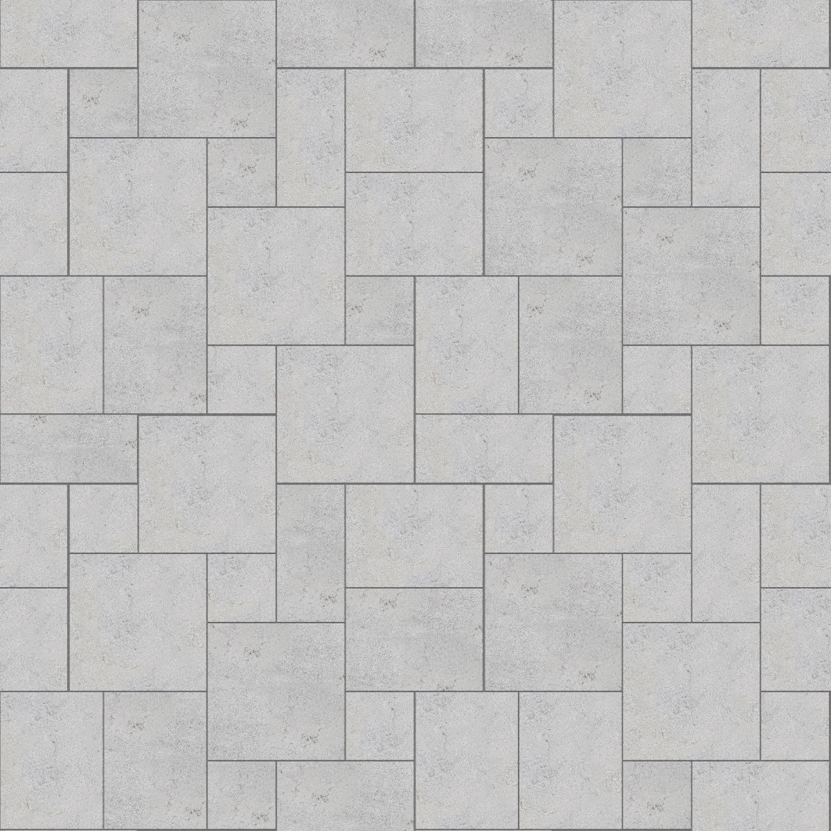 A seamless stone texture with m734 sdm388 bavarian gray limestone - bush hammered blocks arranged in a Paving - Universal  - Sawn Edge - Dimensional 14 Pieces 4 Sizes - DP094 pattern