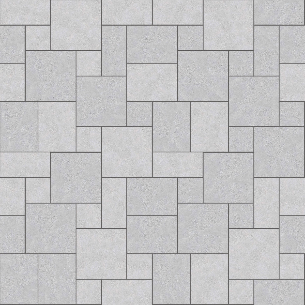 A seamless stone texture with m734 sdm392 bavarian gray limestone - sandblasted & tumbled blocks arranged in a Paving - Universal  - Sawn Edge - Dimensional 14 Pieces 4 Sizes - DP094 pattern