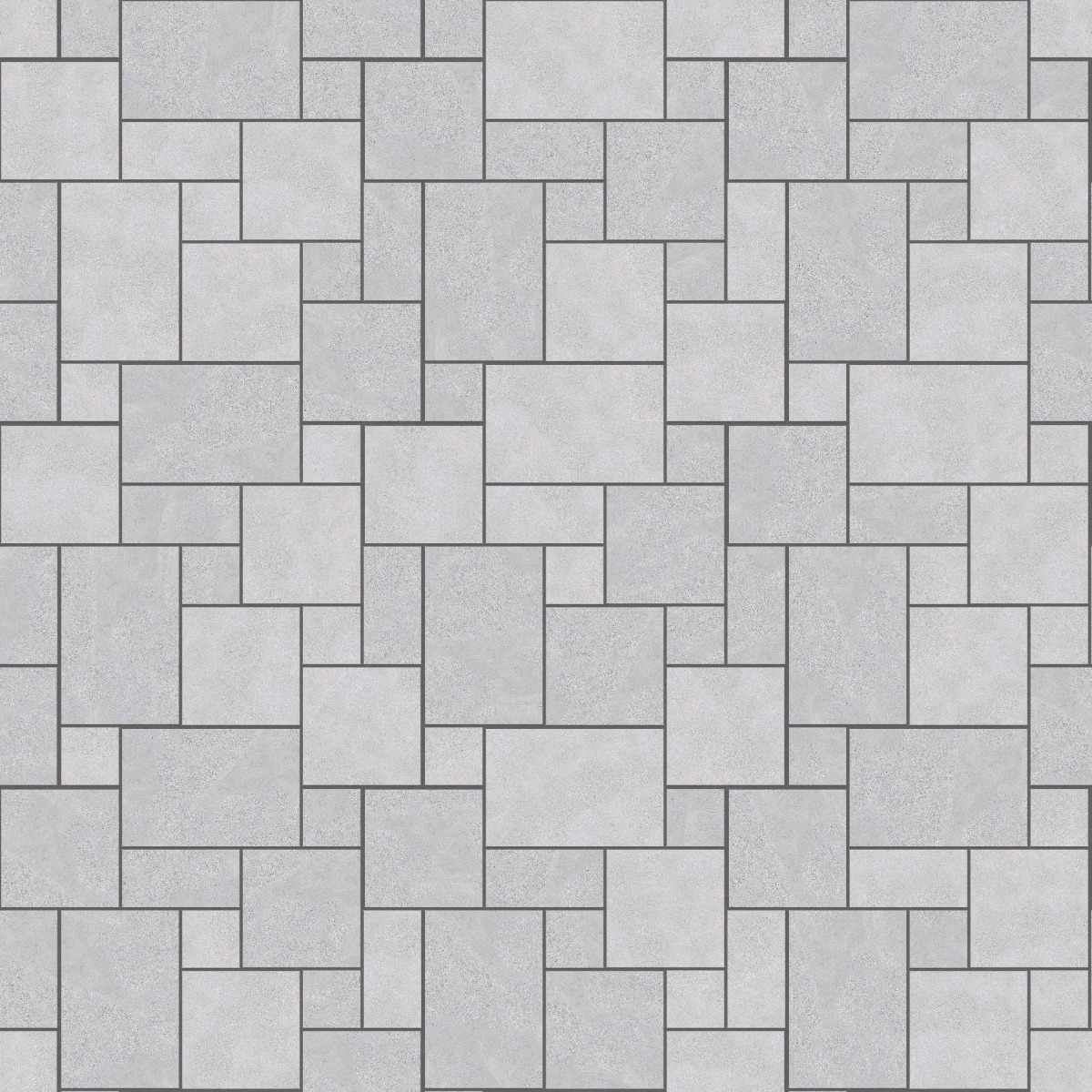 A seamless stone texture with m734 sdm392 bavarian gray limestone - sandblasted & tumbled blocks arranged in a Paving - Universal - Sawn Edge - Dimensional 12 Pieces 4 Sizes - DP086 pattern