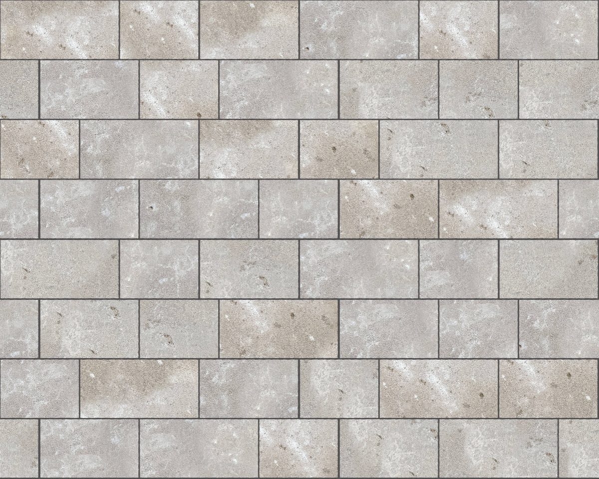 A seamless stone texture with m735 sdm387 bavarian dolomite gray limestone - bush hammered blocks arranged in a Paving - Running Bond  - Sawn Edge - Dimensional 12 Pieces 3 Sizes - DP089 pattern
