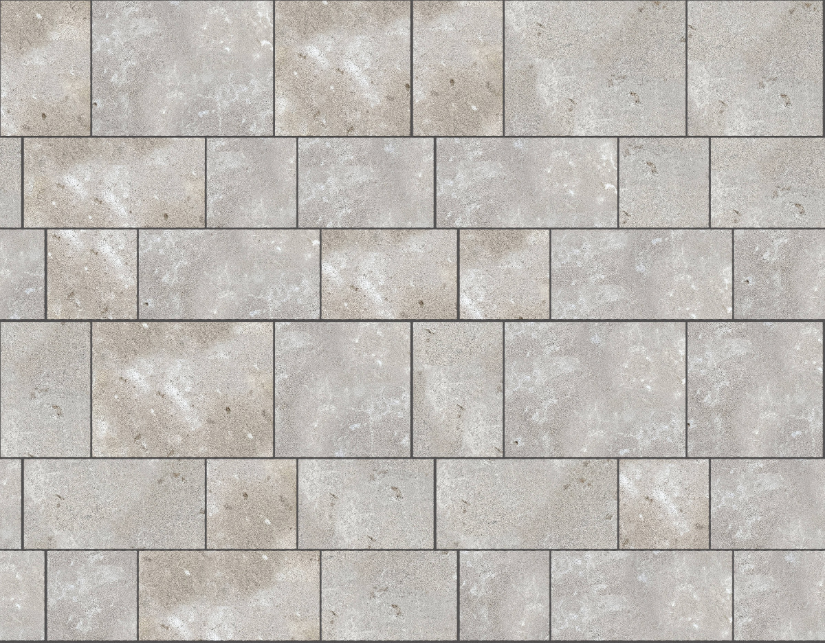 A seamless stone texture with m735 sdm387 bavarian dolomite gray limestone - bush hammered blocks arranged in a Paving - Running Bond  - Sawn Edge - Dimensional 9 Pieces 5 Sizes - DP074 pattern