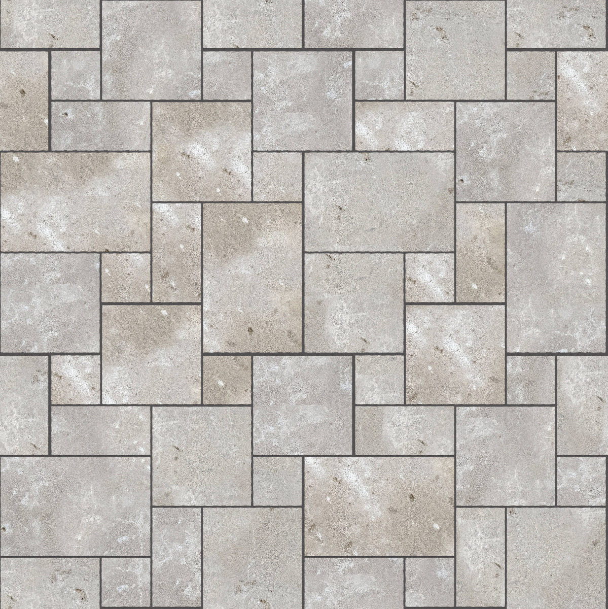 A seamless stone texture with m735 sdm387 bavarian dolomite gray limestone - bush hammered blocks arranged in a Paving - Universal  - Sawn Edge - Dimensional 12 Pieces 4 Sizes - DP092 pattern