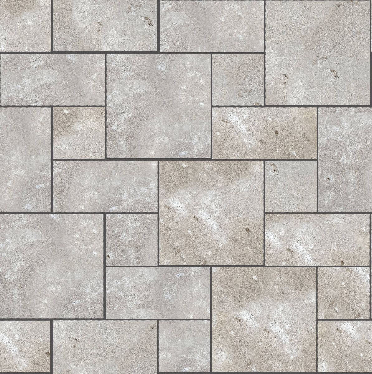 A seamless stone texture with m735 sdm387 bavarian dolomite gray limestone - bush hammered blocks arranged in a Paving - Universal  - Sawn Edge - Dimensional 3 Pieces 3 Sizes - DP088 pattern