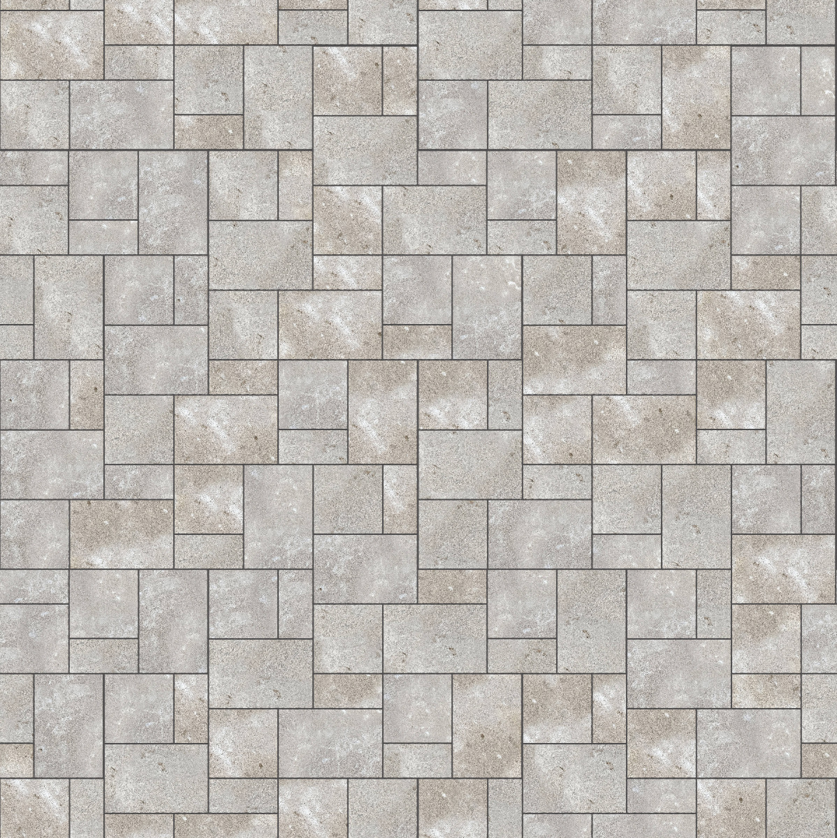 A seamless stone texture with m735 sdm387 bavarian dolomite gray limestone - bush hammered blocks arranged in a Paving - Universal  - Sawn Edge - Dimensional 9 Pieces 3 Sizes - DP091 pattern