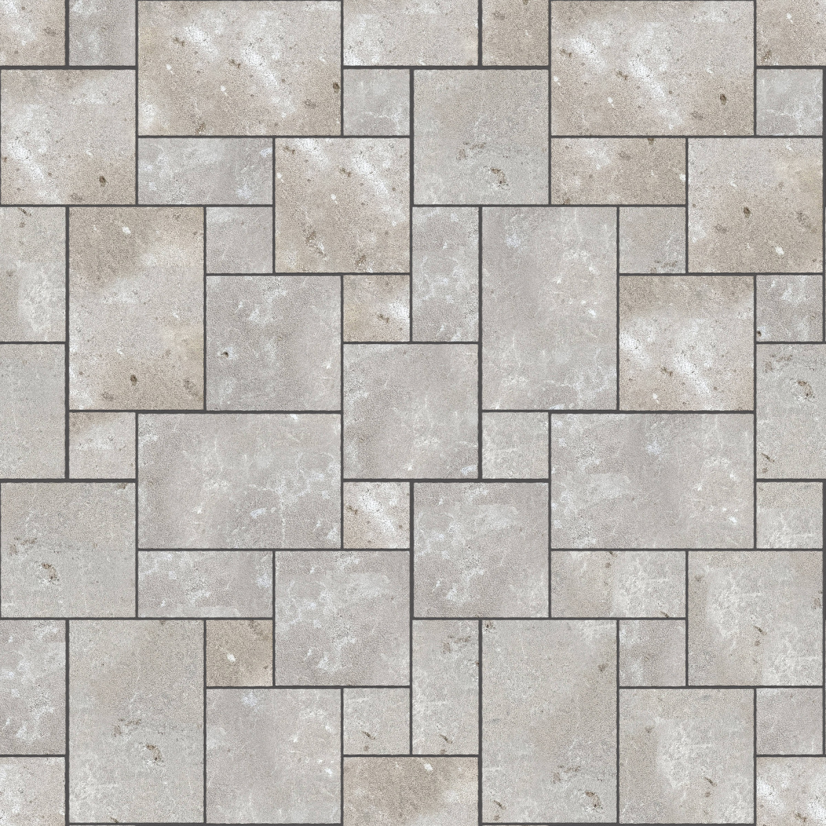 A seamless stone texture with m735 sdm387 bavarian dolomite gray limestone - bush hammered blocks arranged in a Paving - Universal - Sawn Edge - Dimensional 12 Pieces 4 Sizes - DP086 pattern