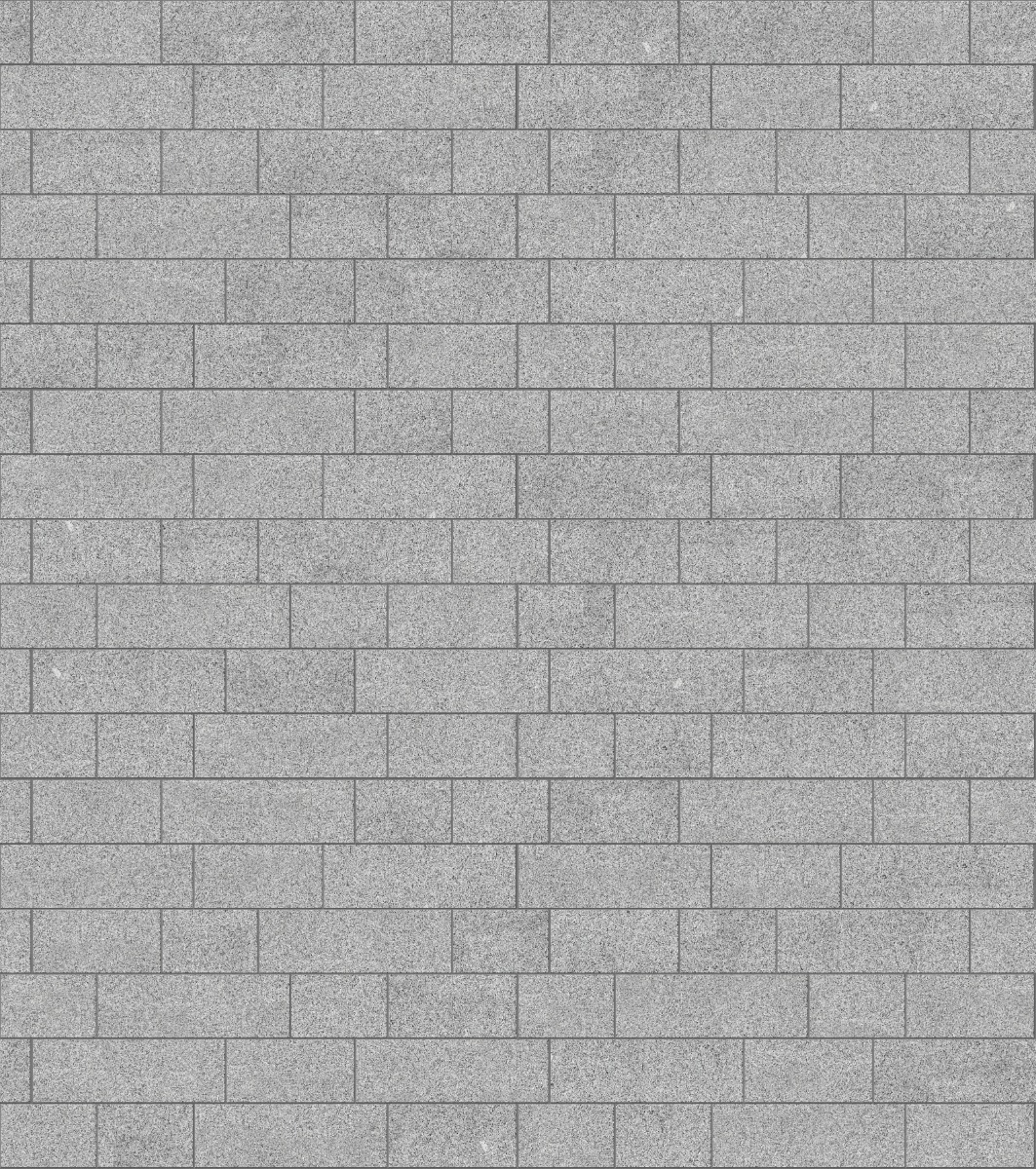 A seamless stone texture with m845 sdm422  gray nisa granite - sand blasted blocks arranged in a Paving - Running Bond  - Sawn Edge - Dimensional 22 Pieces 3 Sizes - DP087 pattern