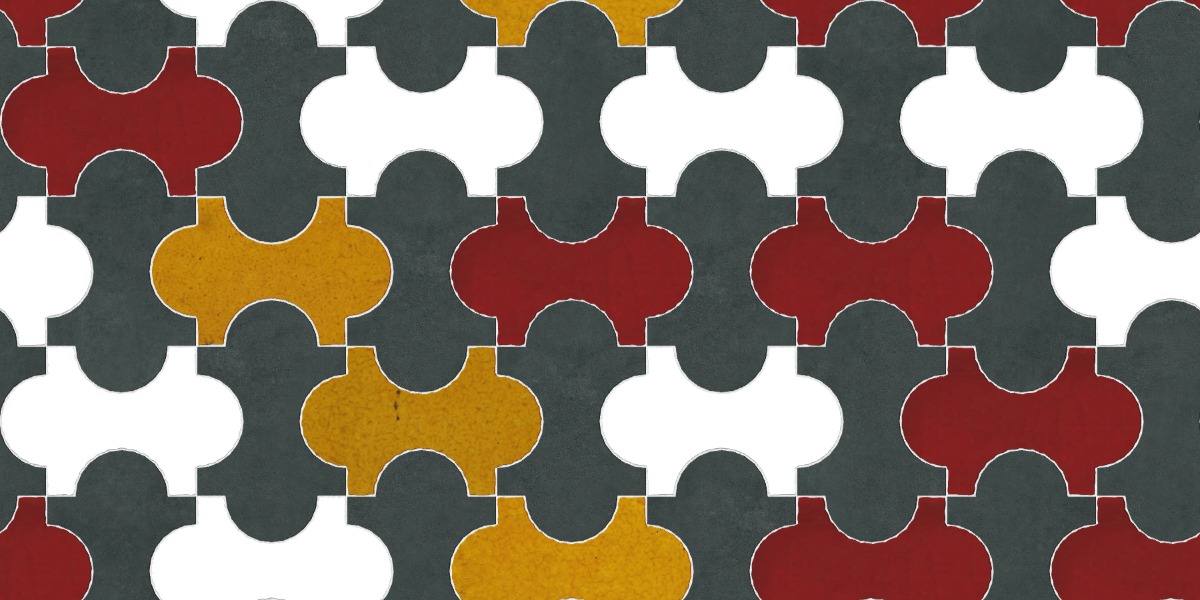 A seamless tile texture with red tenement tile tiles arranged in a Interlocking rounded tiles pattern