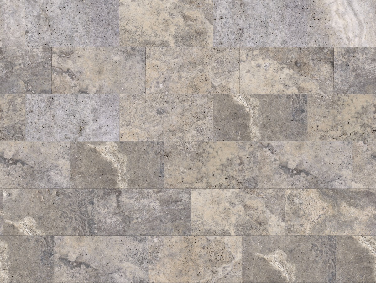 A seamless stone texture with desert grey travertine - honed blocks arranged in a Staggered pattern