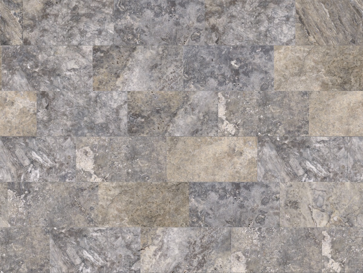 A seamless stone texture with silver premium travertine - honed blocks arranged in a Staggered pattern